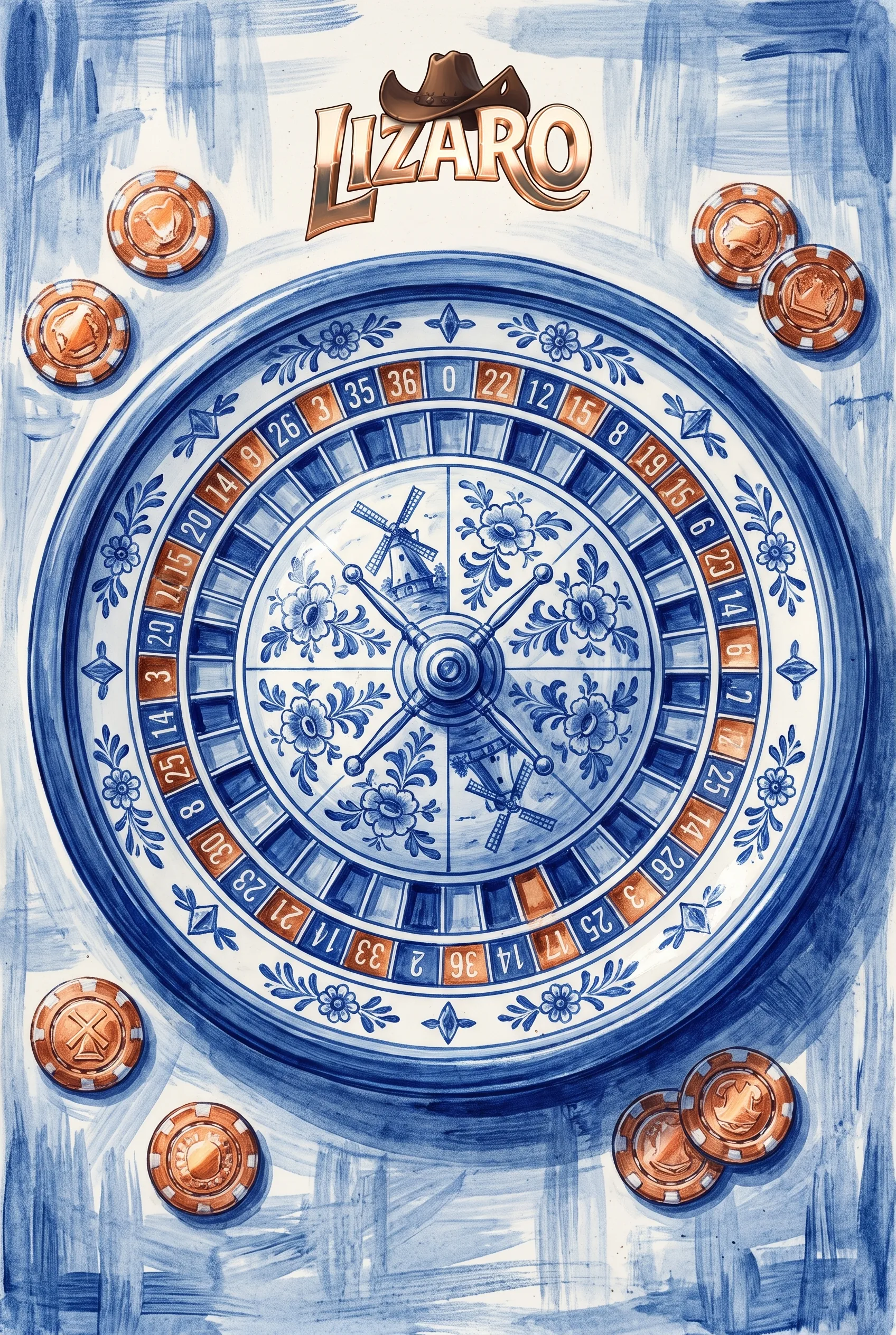 Delftsblauwe illustratie van het live casino bij Lizaro