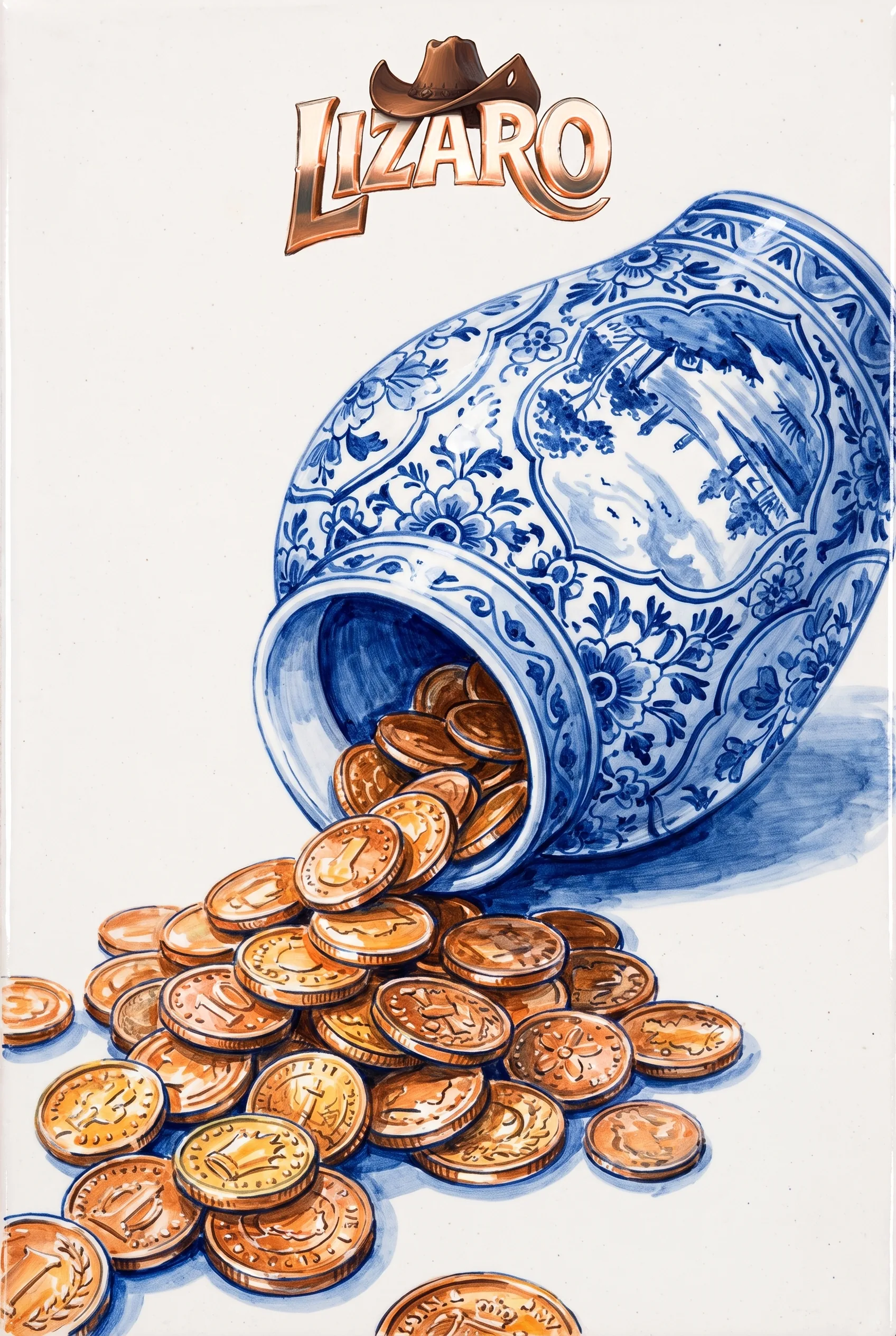 Delftsblauwe vaas met munten voor de Lizaro-welkomstbonus
